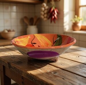 Vintage Mexican Clay Pottery Hand Painted Glazed Fruit Bowl 3-Footed Folk Art 6"